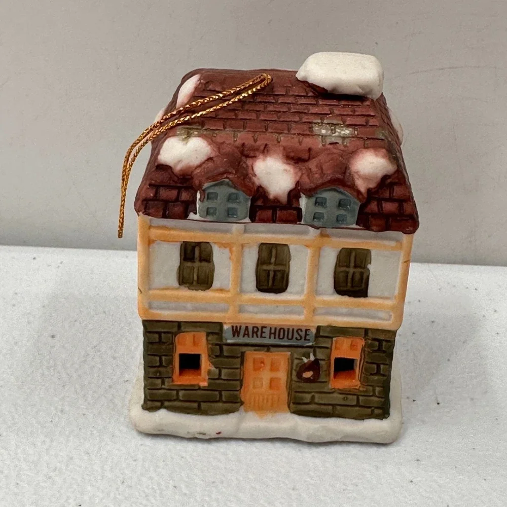 Vintage Porcelain Christmas Village House Bell Ornaments Set‎ 2 Pieces 1990